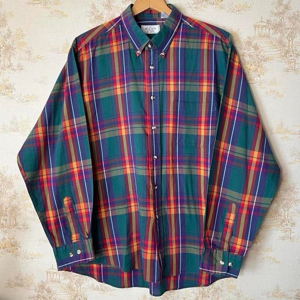 Vintage 90s Sears Colorblock Plaid Button Down Shirt | XL